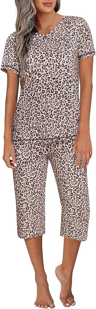 Ekouaer Women's Sleepwear Capri Pajama Sets Short Sleeve Two-Piece Pjs V Neck Tops & Capri Pants ... | Amazon (US)