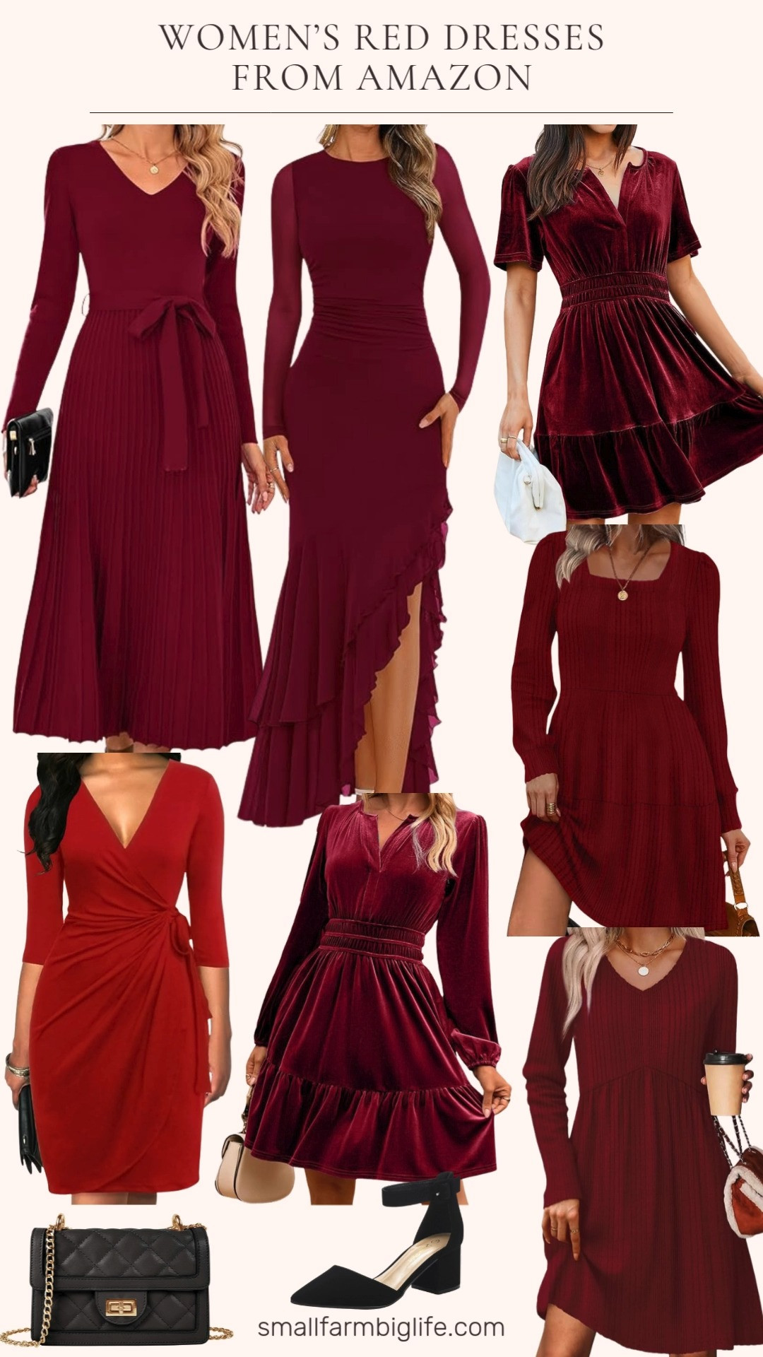 Bold, festive, and effortlessly chic ❤️✨ Sharing my favorite Women’s Red Dresses from Amazon. From deep burgundy to classic dark red, luxe velvet, long silhouettes, and knee-length favorites. Styled with a black quilted bag and black ankle strap block heels for the perfect holiday look 🎄💃 

 #LTKHoliday #LTKSeasonal #LTKFindsUnder50