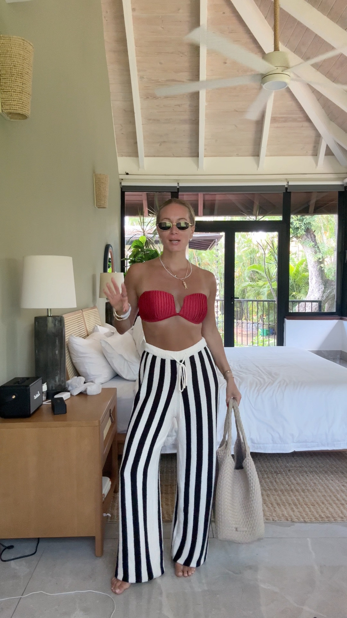 Vacation outfit wearing red bikini with crochet striped beach pants 💋 small in both! Resort wear, beach outfit, bathing suits 