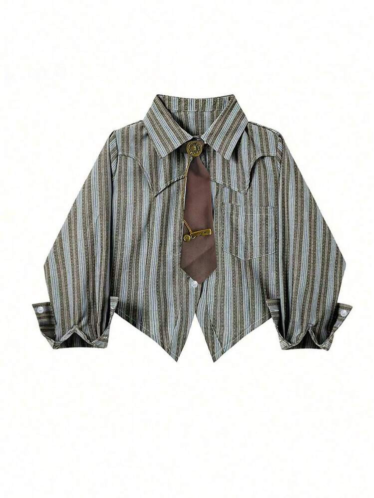 Women's Striped/White/Black Asymmetrical Hem Shirt With Tie: It Combines Vintage Western, Retro, ... | SHEIN