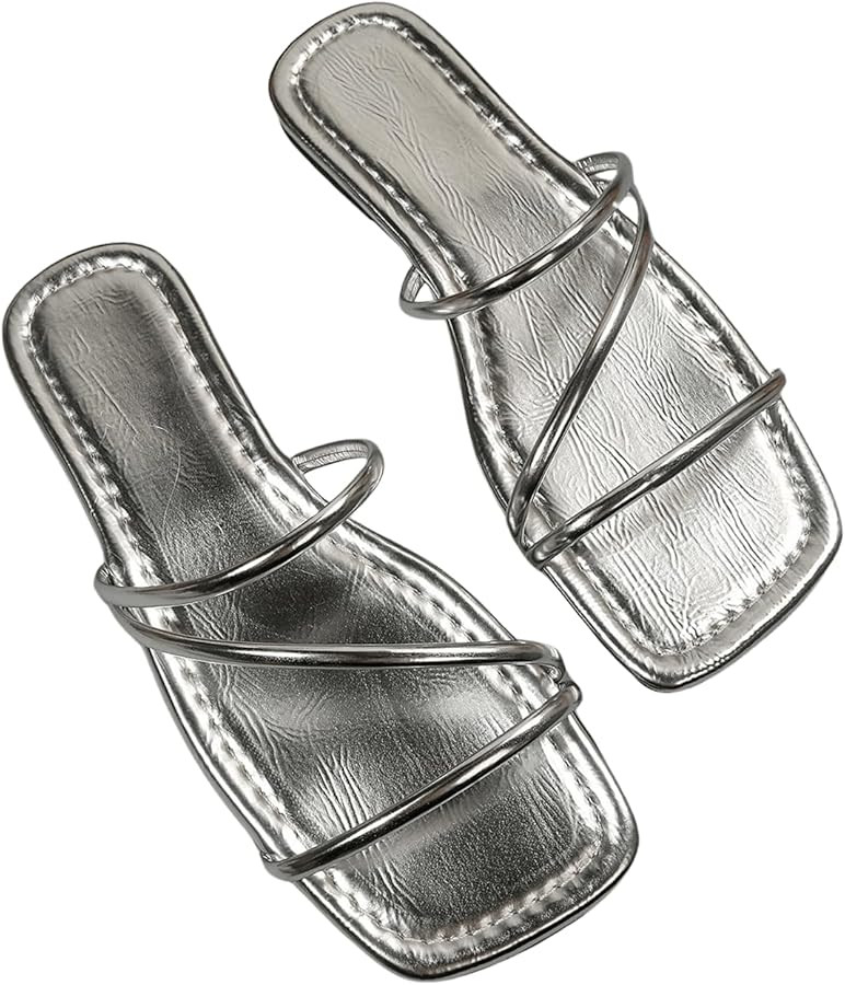 GORGLITTER Women's Metallic Strappy Flats Sandal Dressy Cute Open Toe Slip on Slides Summer Vacat... | Amazon (US)