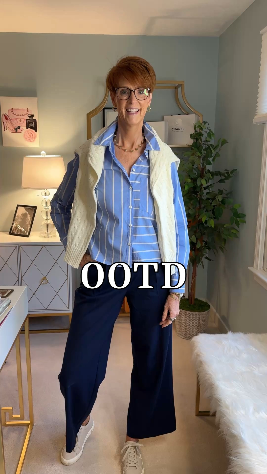 I am your resource for timeless, everyday elevated fashion for women over 40 (and tall women)
For reference, I am 55 years old; I am 6’1”. I have a 35” inseam. I wear a small or medium in most tops, an 8 or a 10 in most bottoms, an 8 in most dresses, and a size 9 shoe. 

Veronica Beards Top: size 6
Loft Navy Pants: size 6
Amazon Sweater: size large

Spring transition outfit, ootd, button up shirt, striped shirt, everyday denim, dark wash denim, layered style, 

Over 50 fashion, tall fashion, workwear, everyday outfits, timeless outfits, Classic Outfits, spring outfit, travel outfit, vacation outfit,  jeans, office outfit

#LTKSeasonal #LTKWatchNow #LTKStyleTip