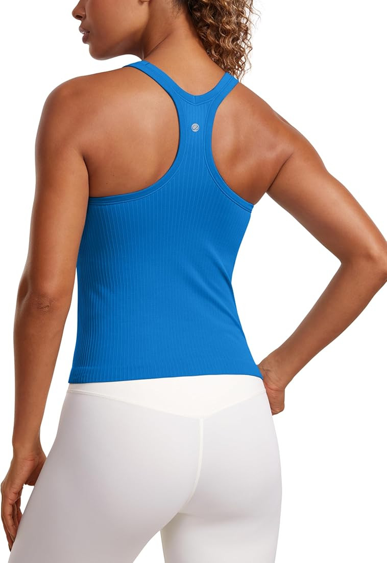 CRZ YOGA Seamless Ribbed Womens Tank Top Racerback Camisoles with Built in Bra Padded Scoop Neck ... | Amazon (US)