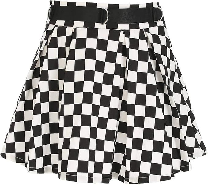N-B Women's Checkerboard Pleated Mini Skirts Sashes High Waist Zipper Cotton Short A-Line Skirt S... | Amazon (UK)