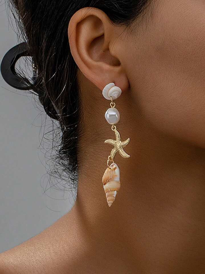 1 Pair Handmade Cool Summer Beach Sea Starfish And Conch Shell Dangle Earrings For Women, Random ... | SHEIN
