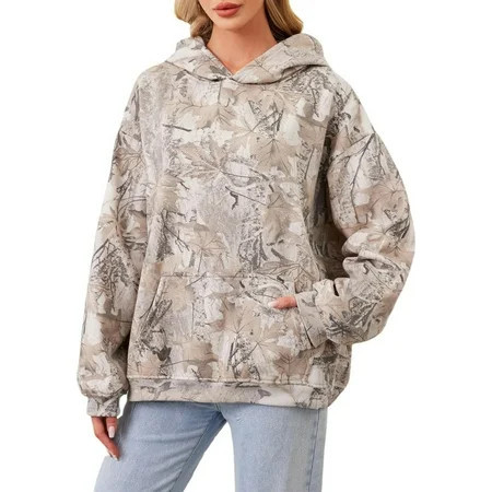 Goindgs Womens Camo Hoodies Maple Leaf Print Oversized Long Sleeve Hooded Sweatshirt Casual Loose Camo Tops with Kangaroo Pocket Z1-Coffee-XXL | Walmart (US)