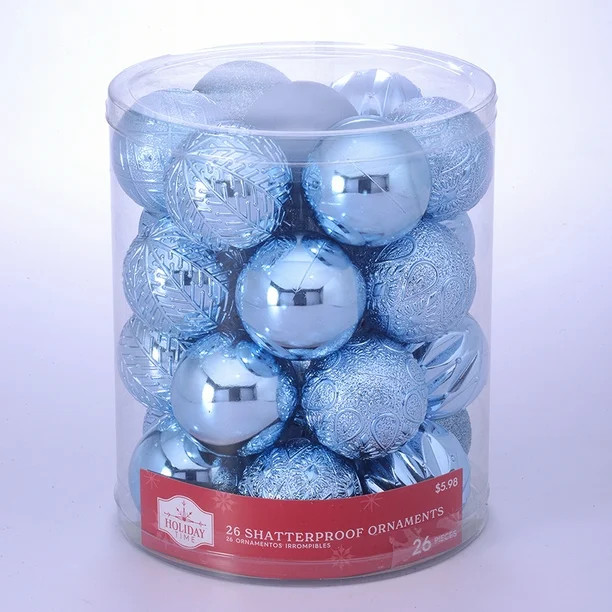 Holiday Time 60 mm Multitextured Christmas Shatterproof Ornaments, Light Slate Blue, 26 Count - W... | Walmart (US)