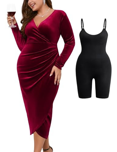 ZOMVA Plus Size Velvet Wrap Dress Ruched Bodycon Dress Long Sleeves Long Elegant Party Wedding Guest Cocktail, Burgundy & Black Shapewear, 3X-Large Plus | Amazon (US)