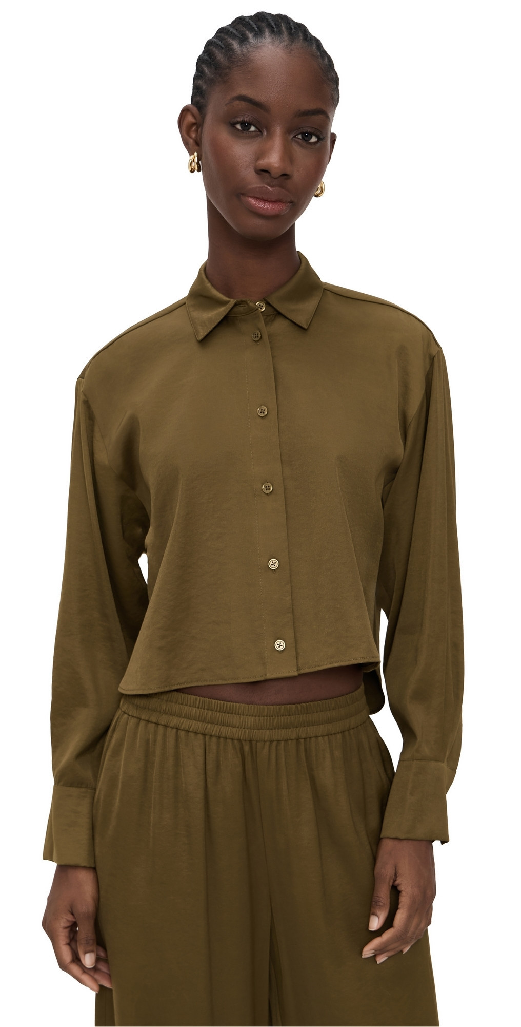 LE BOP Felicity Boxy Cropped Satin Button Down Military Green L | Shopbop