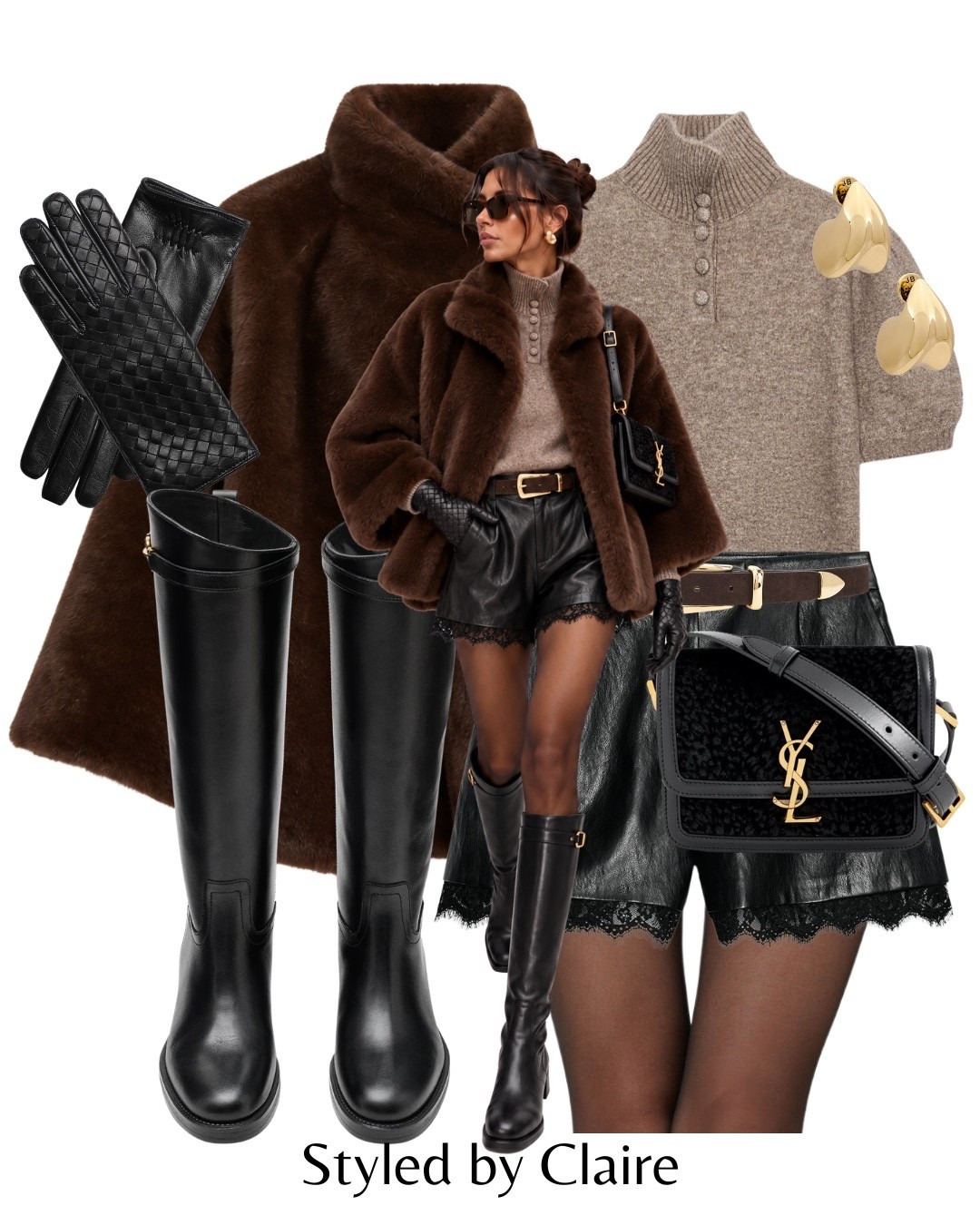 DATE NIGHT INSPO🖤🤎
Tags: faux fur collar cape Zara knit turtleneck shorts lace trim Massimo dutti buckle knee high boots bottega gloves suede belt earrings ysl bag fashion city break Parisian style chic women