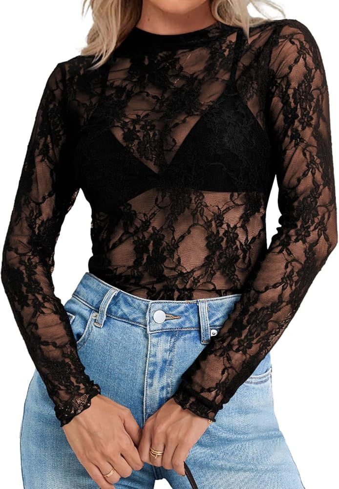 Elesomo Womens Mesh Long Sleeve Tops Mock Neck See Through Shirts Floral Lace Blouses | Amazon (US)