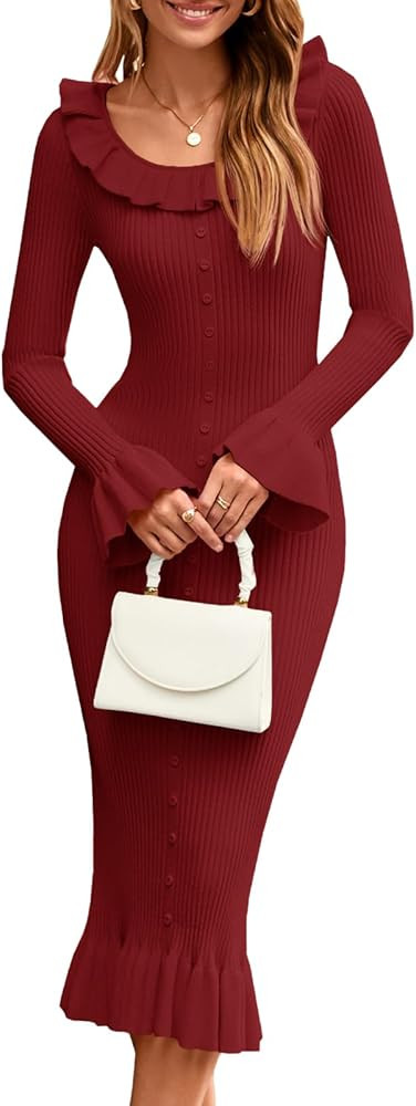 Wenrine Womens Bell Long Sleeve Sweater Dress Casual Ribbed Knit Ruffle Crewneck Decor Button Bod... | Amazon (US)