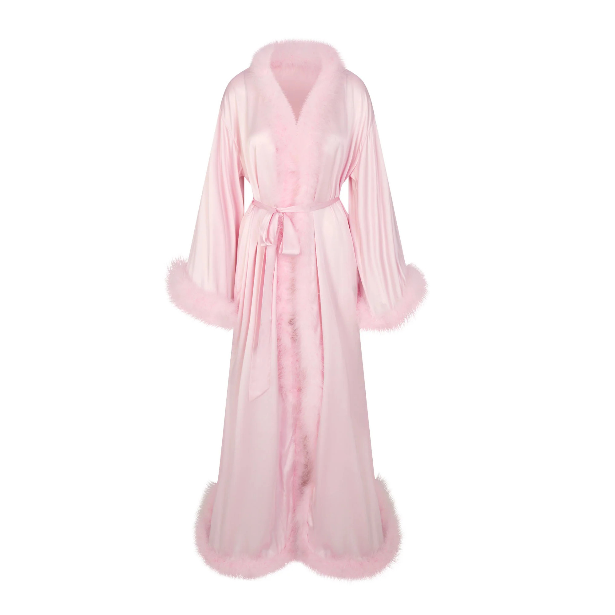 SILK FEATHER TRIM LONG ROBE | CHERRY BLOSSOM | SKIMS (US)