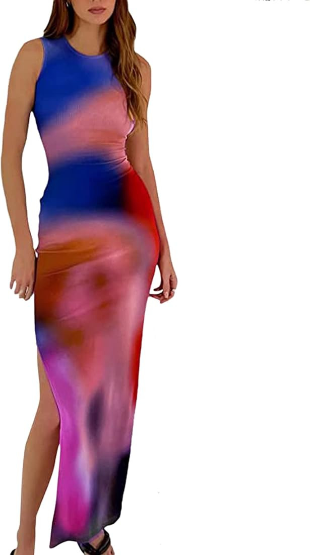 Suillty Women Y2k Tie Dye Tank Dress Sleeveless Bodycon Long Dresses Printed Slim Fit Summer Maxi... | Amazon (US)