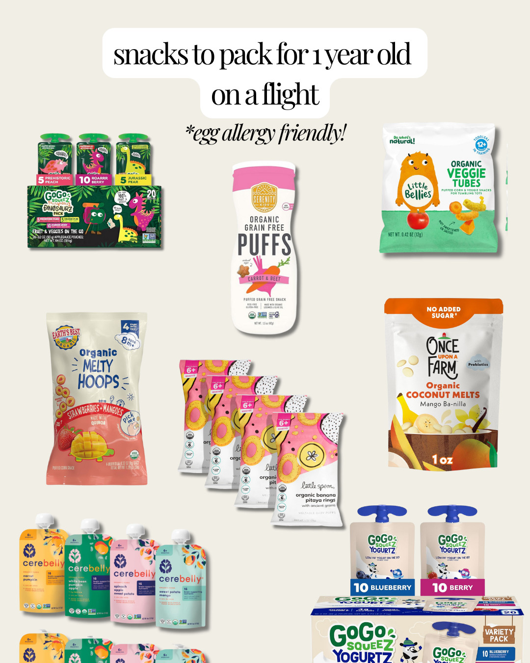 Saving some snack ideas to pack on our upcoming flight to Australia. My one year old has an egg allergy so wanted to share this list with any moms looking for egg-free snacks for little ones! 

 #LTKTravel #LTKBaby #LTKFamily