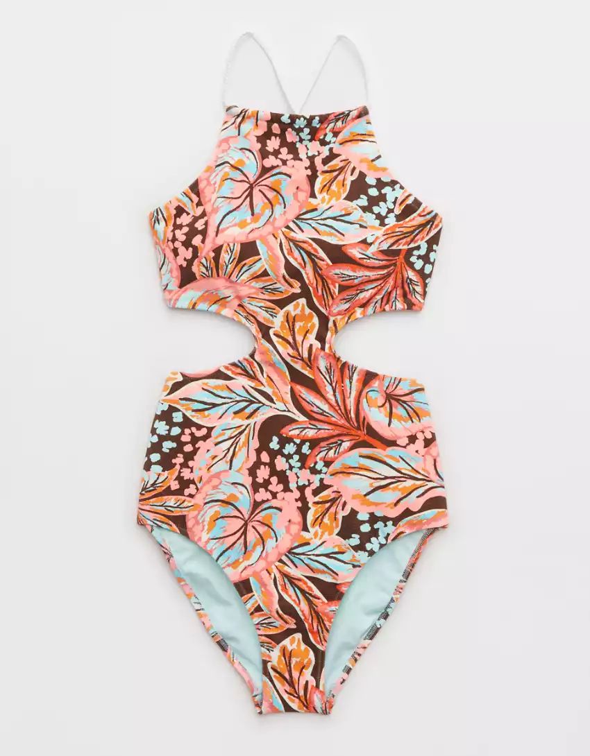 Aerie Buzzed Terry Halter Cut Out One Piece Swimsuit | Aerie