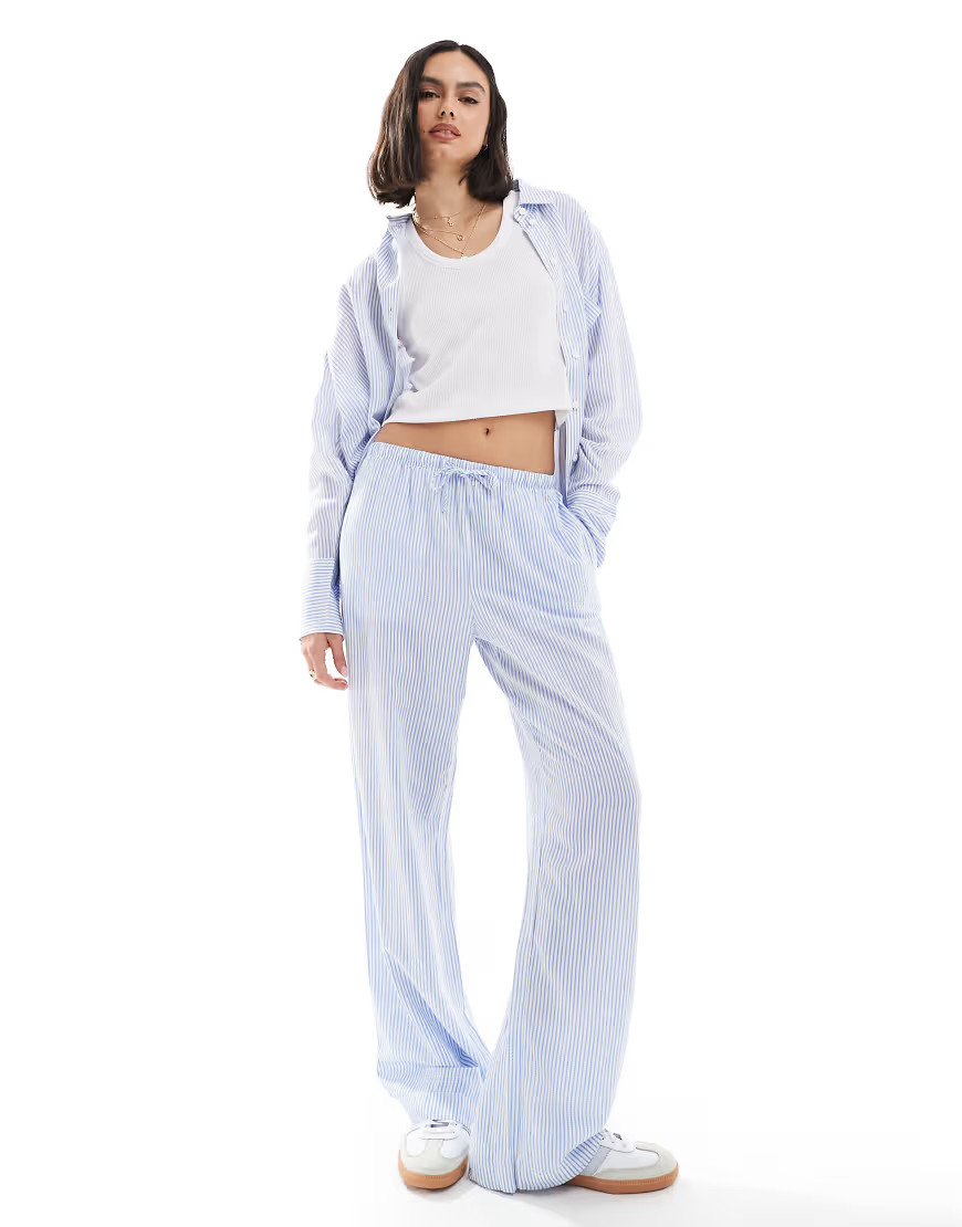 Bershka drawstring waist wide leg trousers co-ord in light blue pinstripe | ASOS (Global)