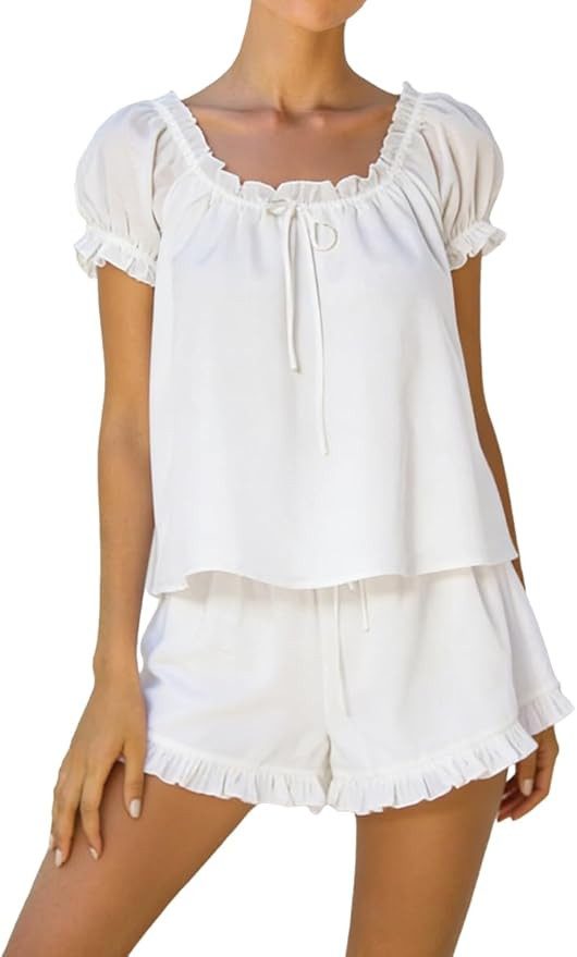 Womens Summer Ruffle Pajamas Sets Fashion Puff Short Sleeves Top and Shorts Cotton 2 Piece Outfit... | Amazon (US)