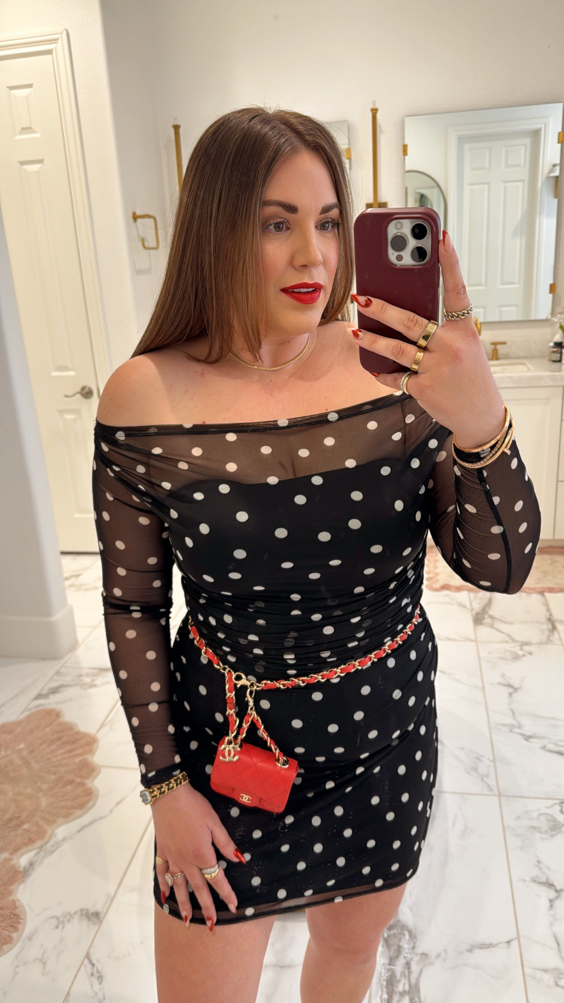 curvy midsize valentine date night outfit! wearing size large in polka dot mesh off the shoulder dress. lip color is Feels So Grand 💋

#LTKFindsUnder100 #LTKSeasonal #LTKMidsize