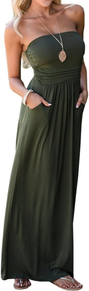 Ofenbuy Womens Off The Shoulder Maxi Dresses Summer Strapless Bandeau Long Dress with Pockets | Amazon (US)