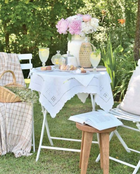 Outdoor dining, 
Al fresco, spring decor, spring tablescape, table for two, outdoor furniture, tableware, blanket, throw, cottage, summer entertaining, vintage tablecloth

#LTKfamily #LTKhome #LTKSeasonal