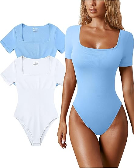 OQQ Women's 2 Piece Bodysuits Sexy Ribbed One Piece Square Neck Short Sleeve Bodysuits | Amazon (US)