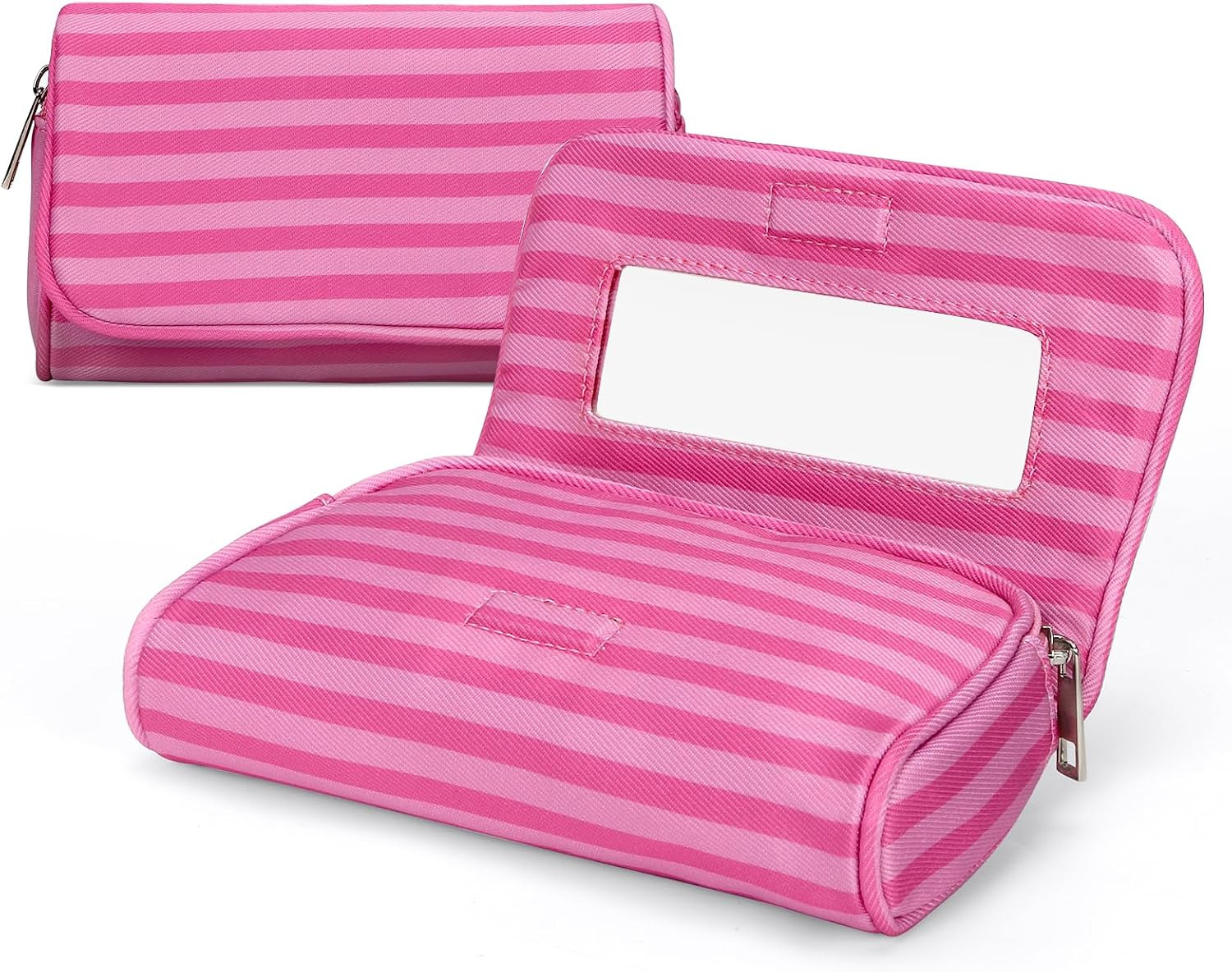 Women’s Cute Nylon Makeup Bag with Built-in Mirror, Protable Lightweight Cosmetic Bag, Trendy Toiletry Bag for Travel (Pink Stripe) | Amazon (US)