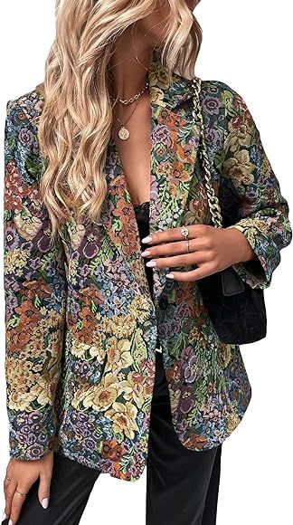 WDIRARA Women's Floral Print Lapel Neck Single Button Lightweight Jacket Blazer with Pocket | Amazon (US)