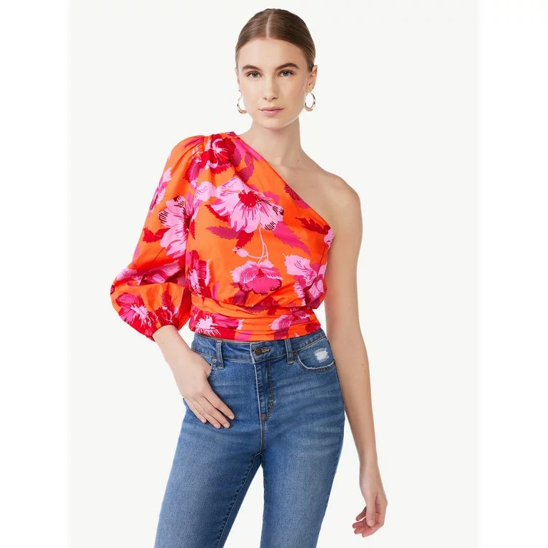 Scoop Women's Poplin One Shoulder Top, Sizes XS-XXL | Walmart (US)