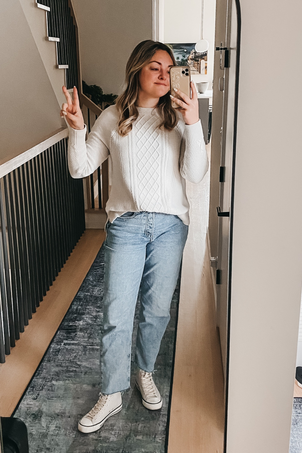 Cozy cotton fisherman cableknit sweater. Old Navy raw hem jeans - so affordable and true to size. And my FAVORITE winter high top sneakers from Amazon.

#LTKunder50 #LTKshoecrush #LTKstyletip