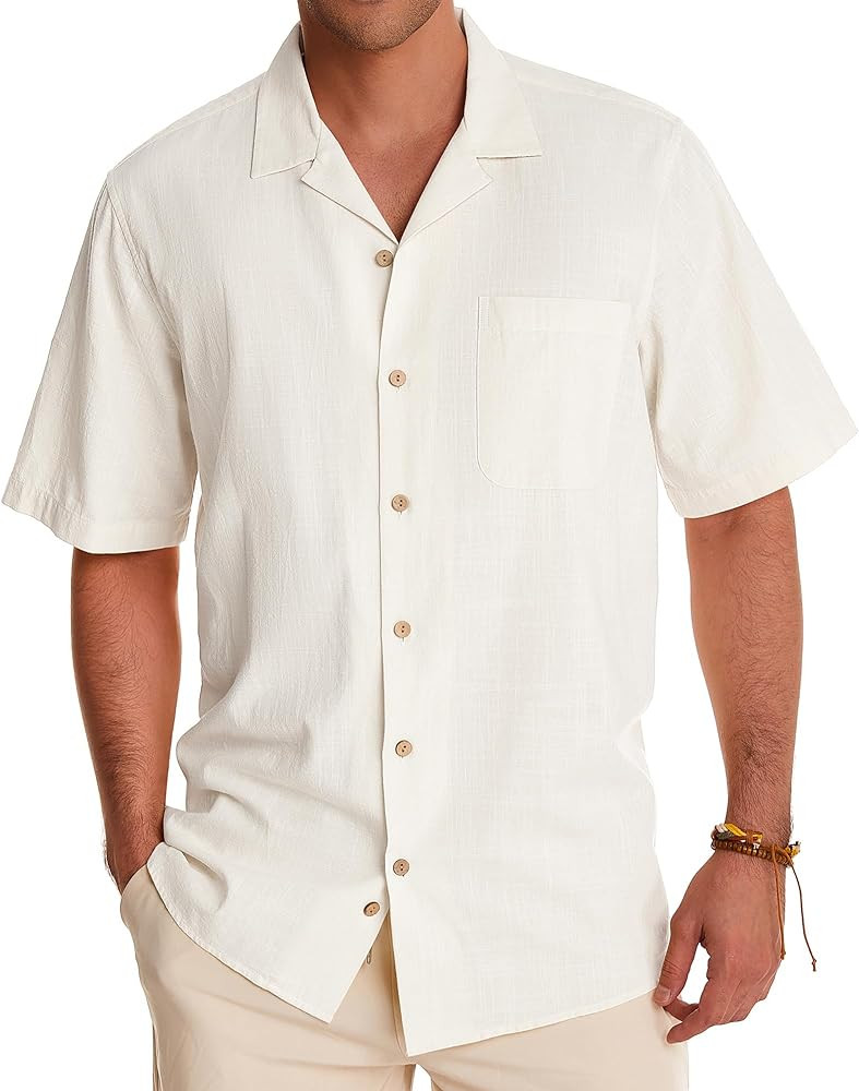 Alimens & Gentle Mens Linen Shirts Short Sleeve Button Down Shirts Cotton Summer Beach Cuban Shir... | Amazon (US)