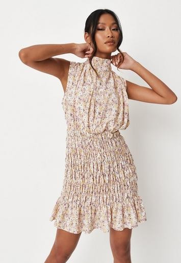 Missguided - Pink Floral Print High Neck Shirred Sleeveless Mini Dress | Missguided (US & CA)