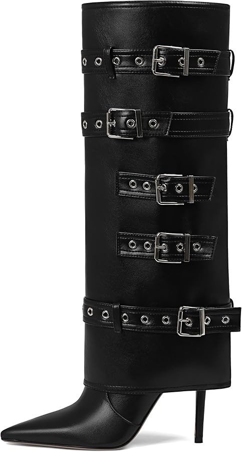Knee High Boots Women Fold Over Tall Boots Leather Long Buckle Slouchy Shark Boot Pointed Toe Sti... | Amazon (US)