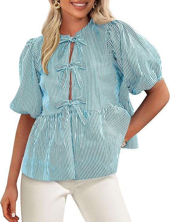 Say hello to your new summer fave! 🌞💙 This light blue striped top from Amazon is giving all the breezy, feminine vibes with its puff sleeves, flattering peplum cut, and adorable bow tie details. It’s lightweight, comfortable, and so flattering for my fellow Dark Summer gals—those cool, soft tones? Perfection. 👏

Styling tip: Pair it with white jeans or tailored shorts for a polished daytime look or tuck it into wide-leg trousers for something a little dressier. ✨

💡 Runs true to size

#AmazonFinds #DarkSummerStyle #CoolTonedOutfits #LTKSummer #LTKUnder50 

 #LTKSummerEdit #LTKSeasonal #LTKMidsize