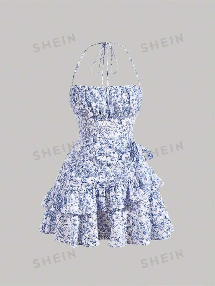 SHEIN MOD Floral Print Ruffle Trim Tie Backless Ruched Bust Layered Halter Summer Short Dress | SHEIN
