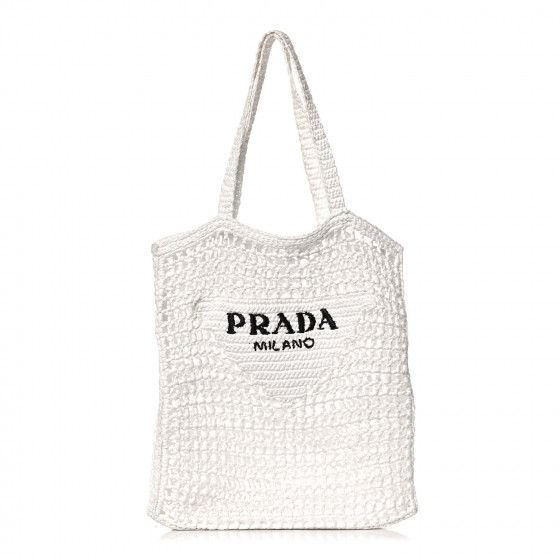 PRADA Raffia Embroidered Logo Tote Bag White | FASHIONPHILE | Fashionphile