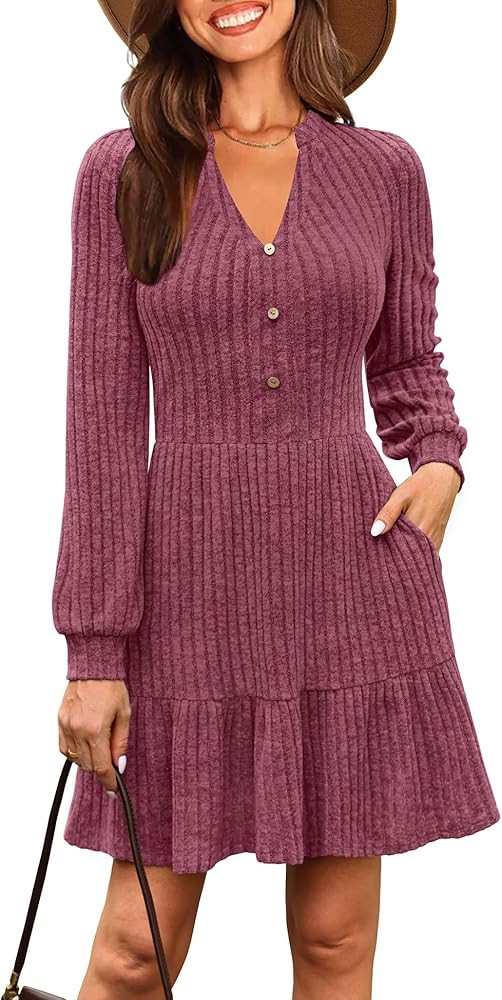 Kranda Women 2025 Long Sleeve Fall Winter Short Sweater Dress Button Vneck Causal Knit Ribbed Flo... | Amazon (US)