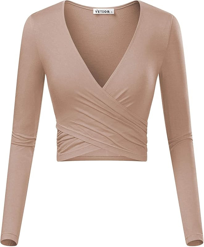 VETIOR Women's Deep V Neck Long Sleeve Unique Slim Fit Cross Wrap Shirts Crop Tops | Amazon (US)