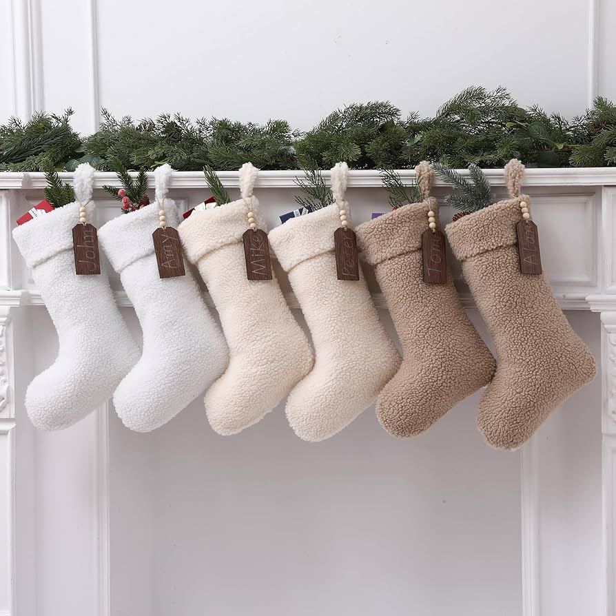 Shinymoon 6 Pcs 18 Inch Neutral Plush Faux Fur Christmas Stockings Large Personalized Rustic Sher... | Amazon (US)