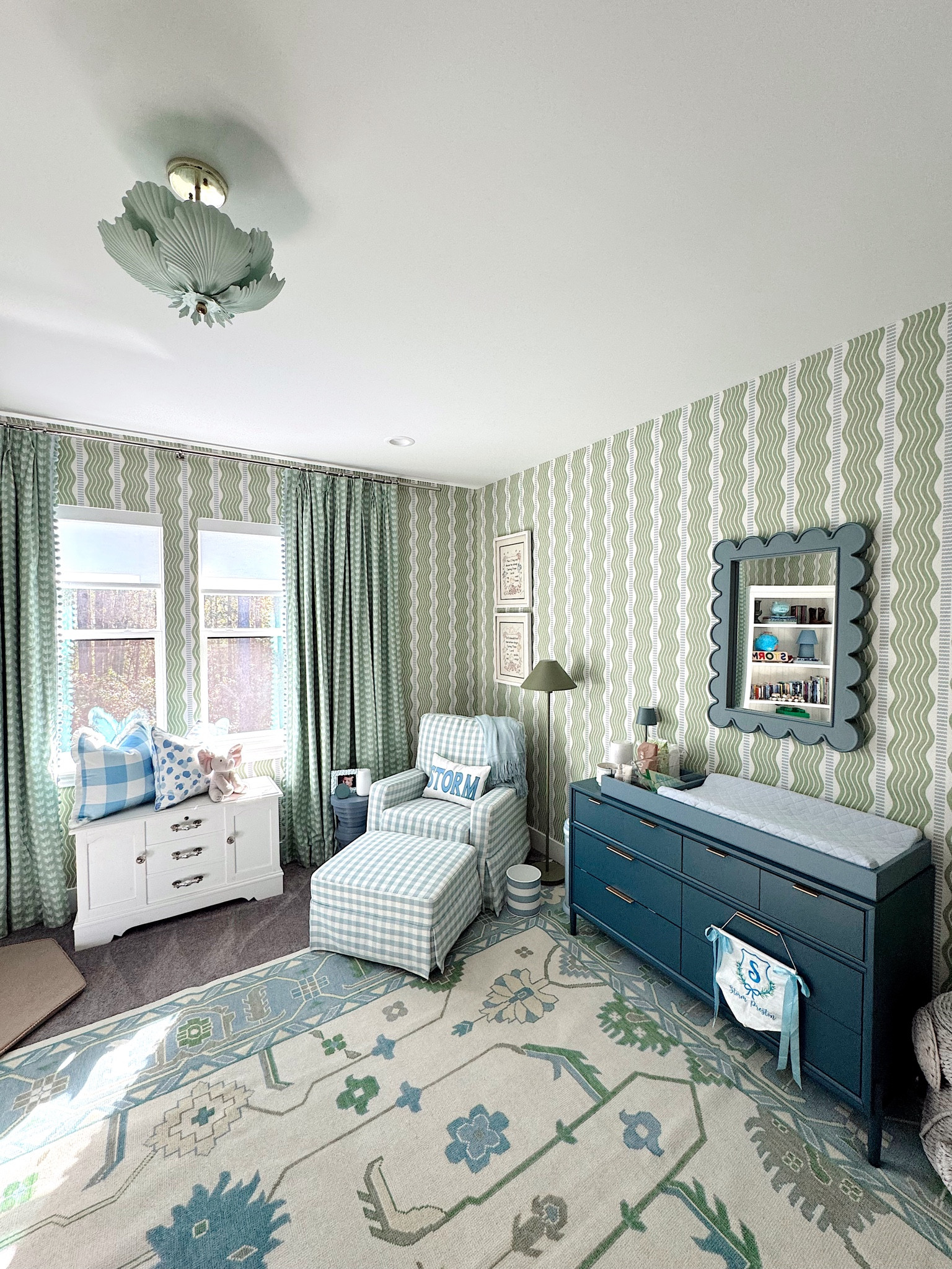 Baby boy nursery. Blue and green. Gingham. 