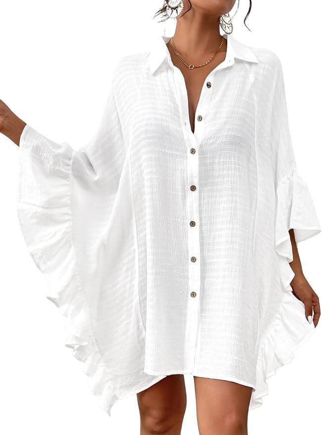 Bsubseach Women Button Down Bathing Suit Cover Up Shirt Dress Ruffled Sleeve Beach Blouse | Amazon (US)