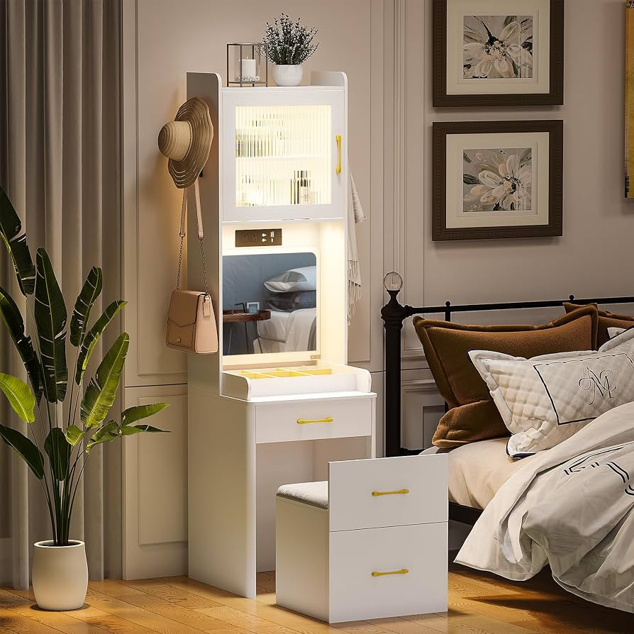 Amazon.com: JDPAG Vanity Desk with Mirror and Lights, Makeup Vanity Table with Jewelry Cabinet an... | Amazon (US)