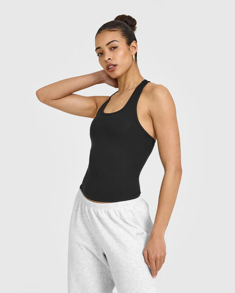 Mellow™ Rib Scoop Neck Tank Top with Built in Bra Shelf 
 Soft Black | Oner Active (UK / US)