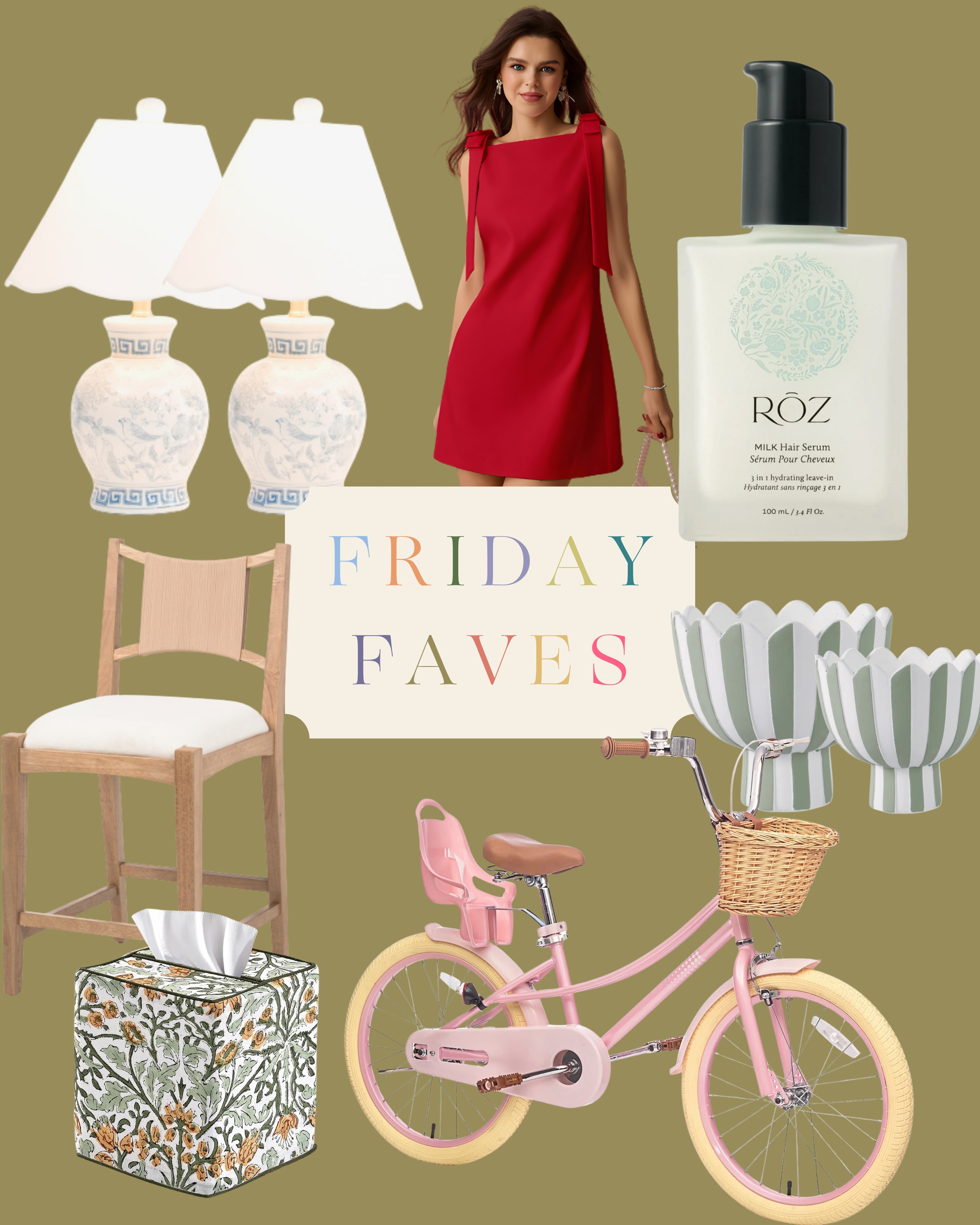 ✨ FRIDAY FAVES ✨

From timeless home decor finds to holiday-ready style staples, this week’s lineup has it all — a chic red dress, blue and white lamps, chic barstools, RÓZ hair serum that smells like HEAVEN, and even the prettiest pink bike for girls. Perfect mix of gift ideas and everyday upgrades I’m loving right now. 

 #LTKGiftGuide #LTKdayinmylife #LTKmomlife