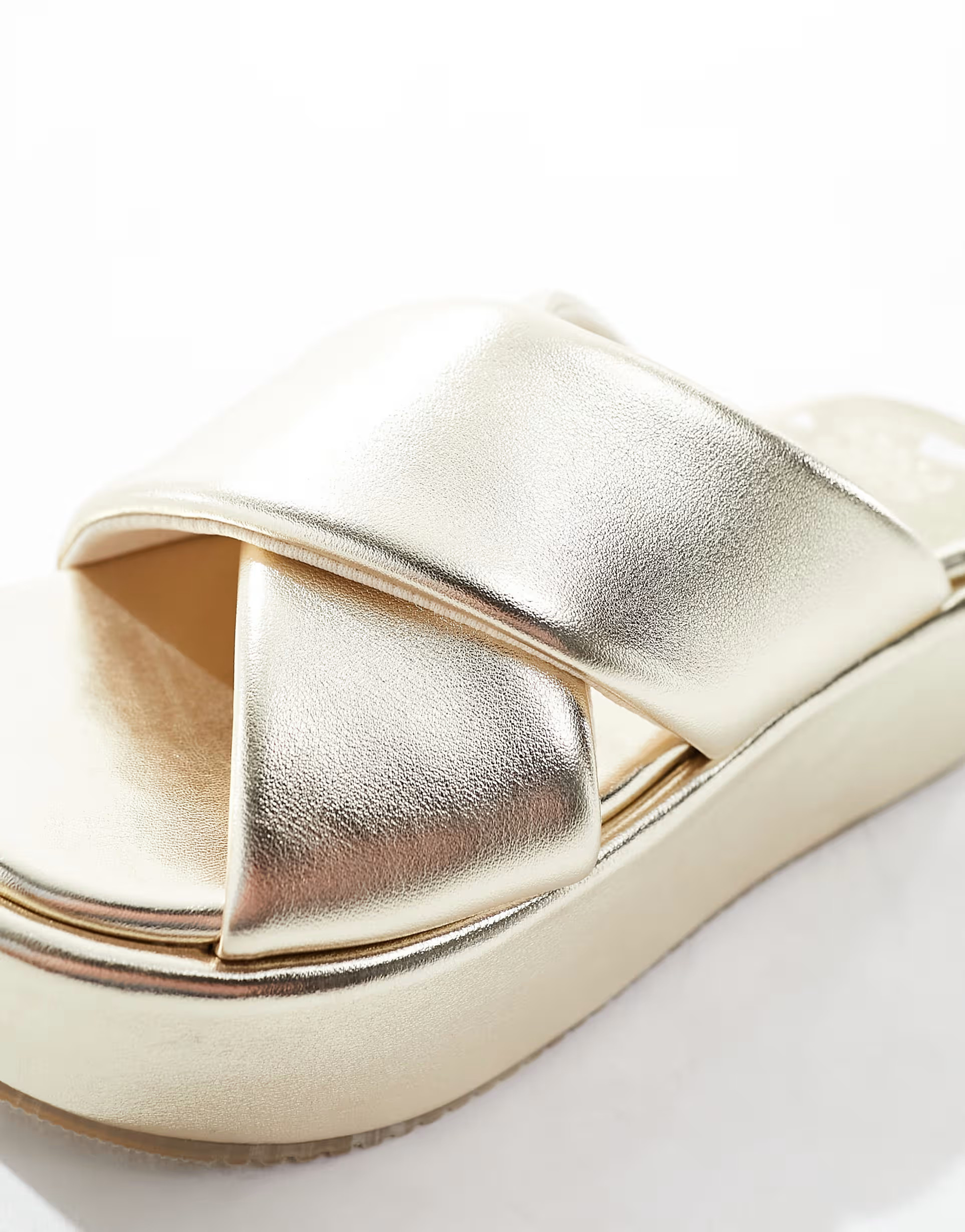 ASOS DESIGN Thunder padded cross strap flatform sandals in gold | ASOS (Global)
