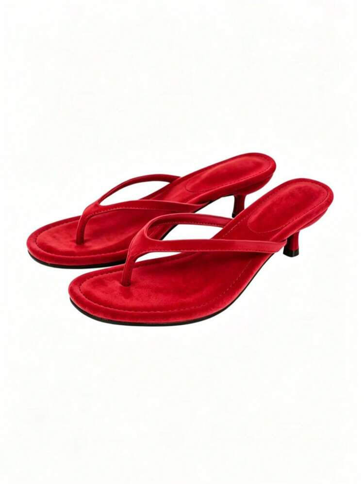 Red Suede Toe-Post Flip-Flop Heel, Summer New Low Commute Versatile Sandals, Comfortable Outdoor ... | SHEIN