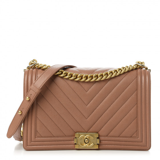 CHANEL Caviar Chevron Quilted New Medium Boy Flap Light Brown | FASHIONPHILE | Fashionphile