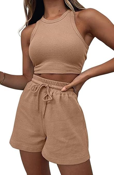 Ifoqixu 2 Piece Lounge Sets for Women Sleeveless Crop Top and Shorts with Pockets Tracksuits Ribb... | Amazon (US)
