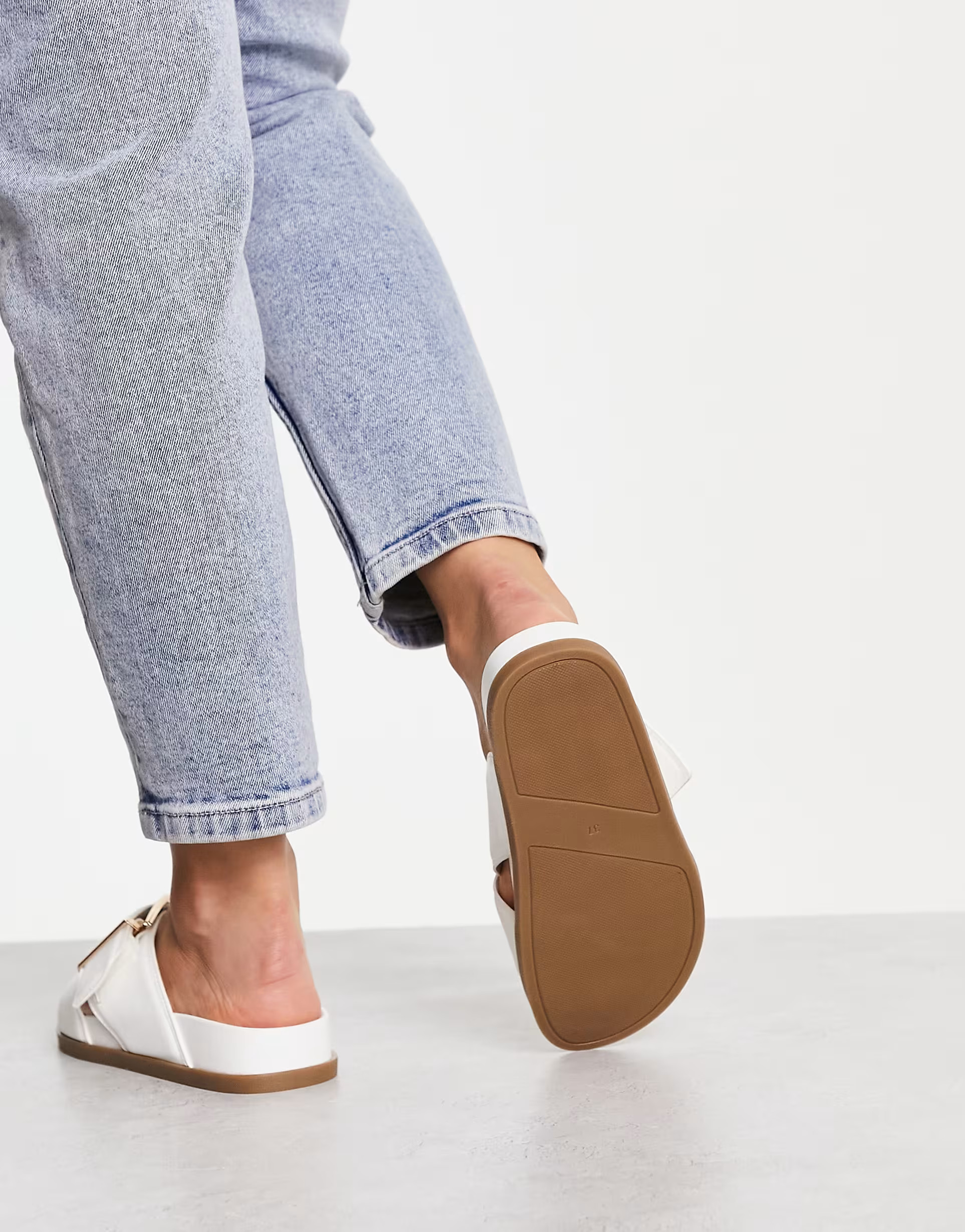 ASOS DESIGN Wide Fit Flash buckle cross vamp flat sandals in white | ASOS (Global)