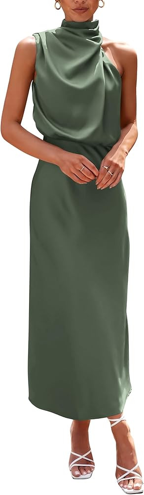 PRETTYGARDEN Women's 2024 Summer Satin Dress Elegant Sleeveless Mock Neck Cocktail Party Maxi Dre... | Amazon (US)